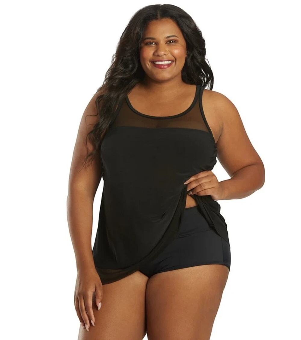 NWT Miraclesuit Mirage Layered Tankini Top Womens Plus 20W Black Layered Mesh